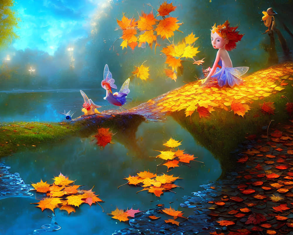 Fantasy scene: Fairies with translucent wings on autumn path by serene pond