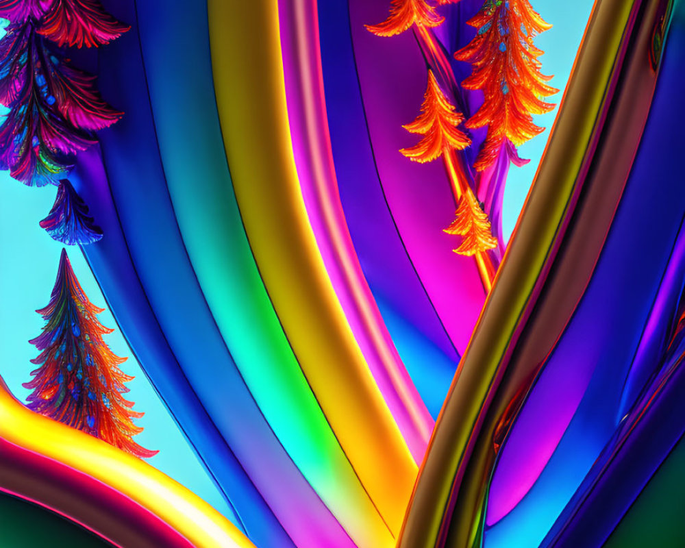 Colorful Abstract Background with Rainbow Wavy Lines and Neon Trees