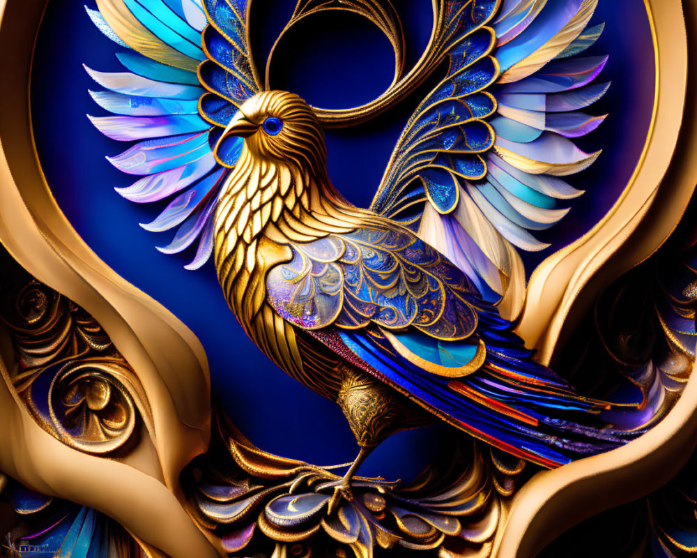 Stylized bird digital artwork with blue and gold plumage on ornate background