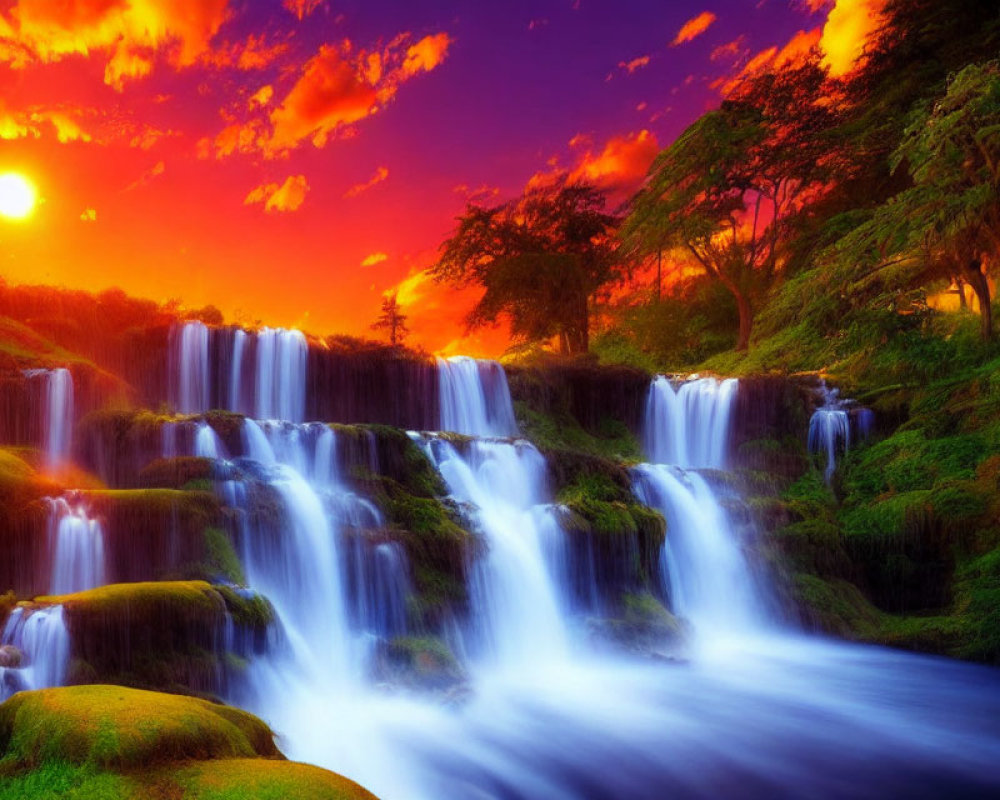 Scenic sunset with orange and purple clouds over cascading waterfalls