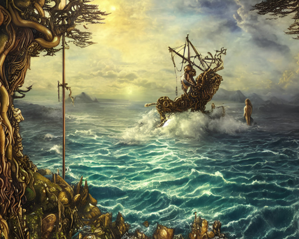 Detailed Fantasy Sea Scene with Ornate Ship, Figure on Shore, and Elaborate Trees