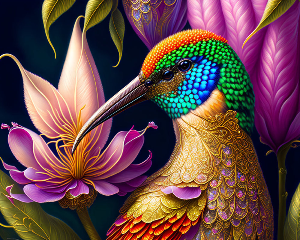 Colorful Hummingbird Illustration with Exotic Flowers & Foliage