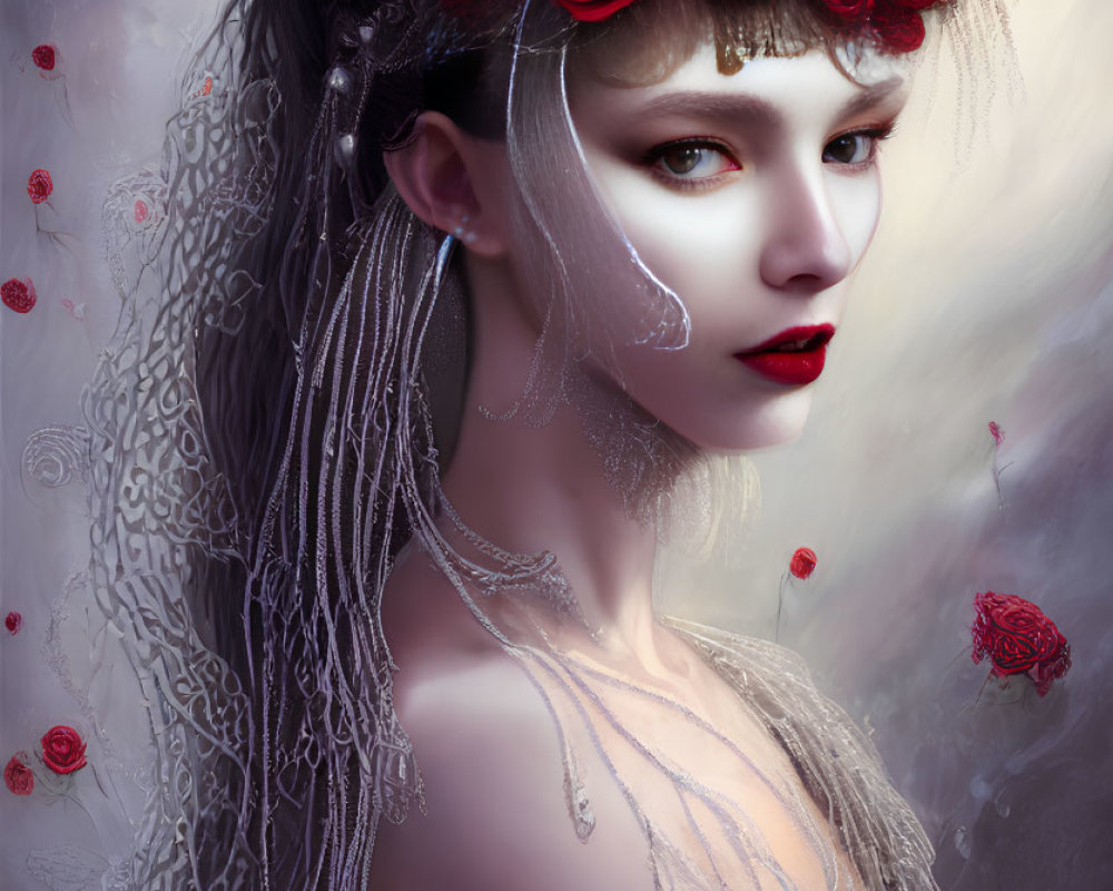 Surreal portrait of a woman with red lips and rose crown