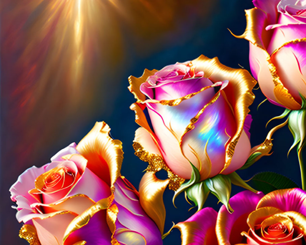 Luminescent roses in pink and golden hues on dark background