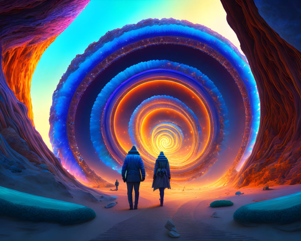 Vibrant vortex and surreal landscape with two individuals