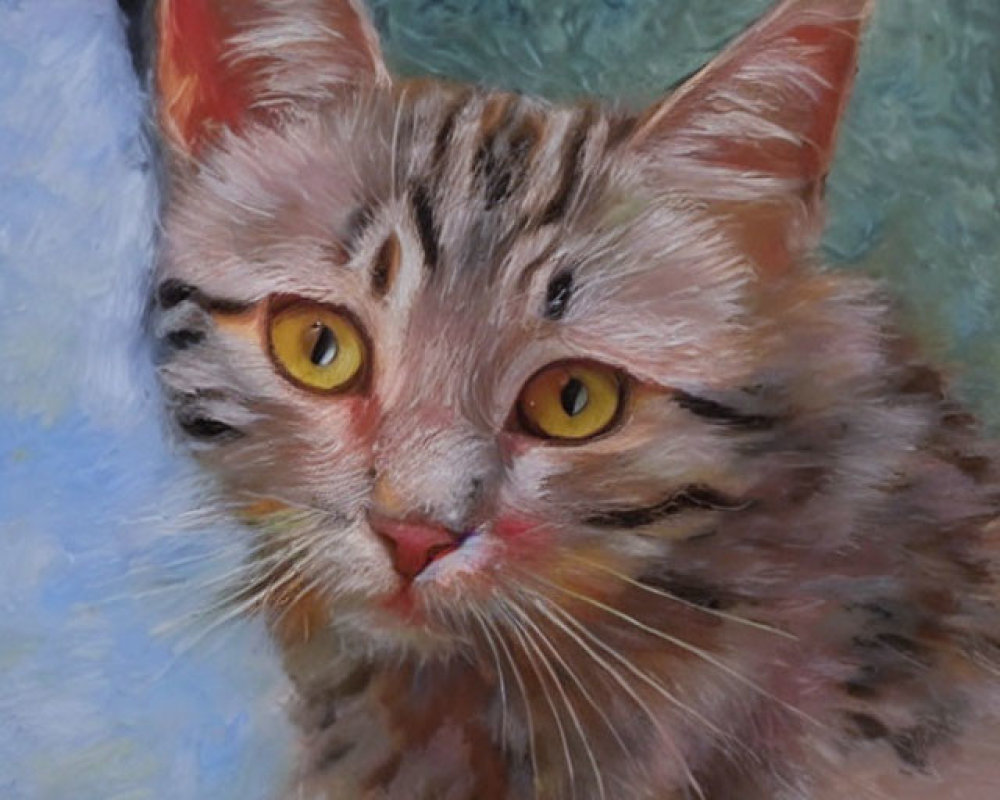 Fluffy Tabby Cat Painting with Yellow Eyes