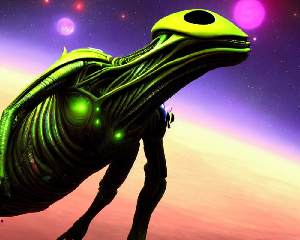 Alien creature with green luminescent markings in cosmic purple skies