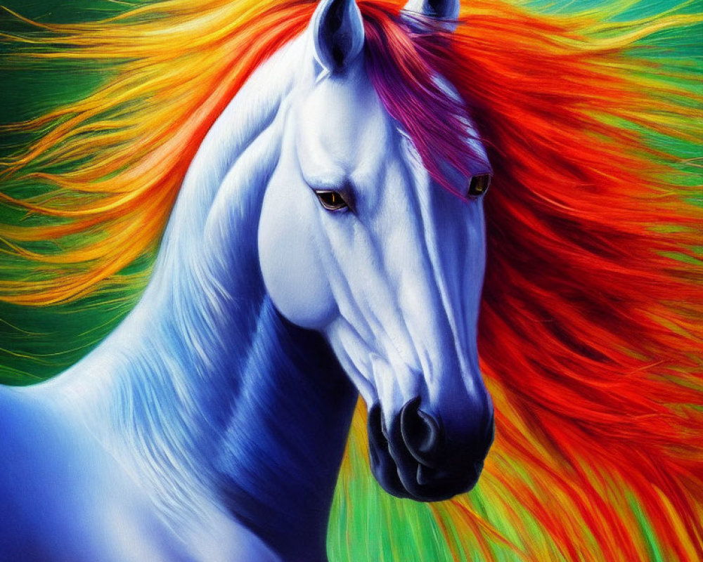 Vibrant oil painting of a blue horse with fiery mane in orange, yellow, and red