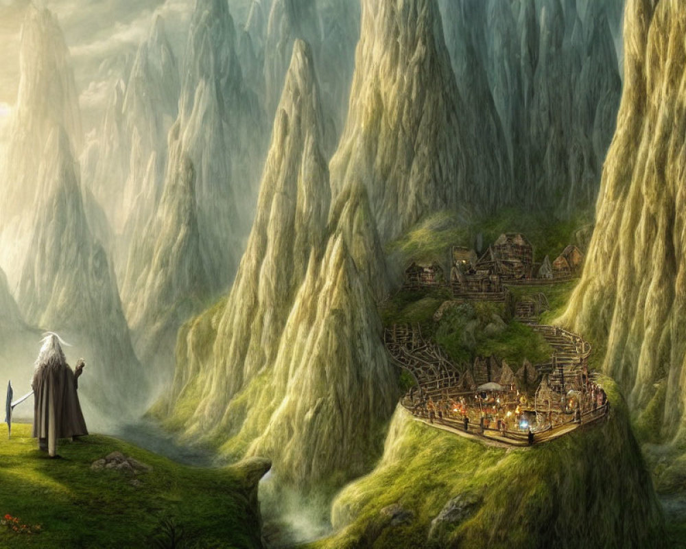 Fantasy landscape with towering cliffs, village, and robed figures