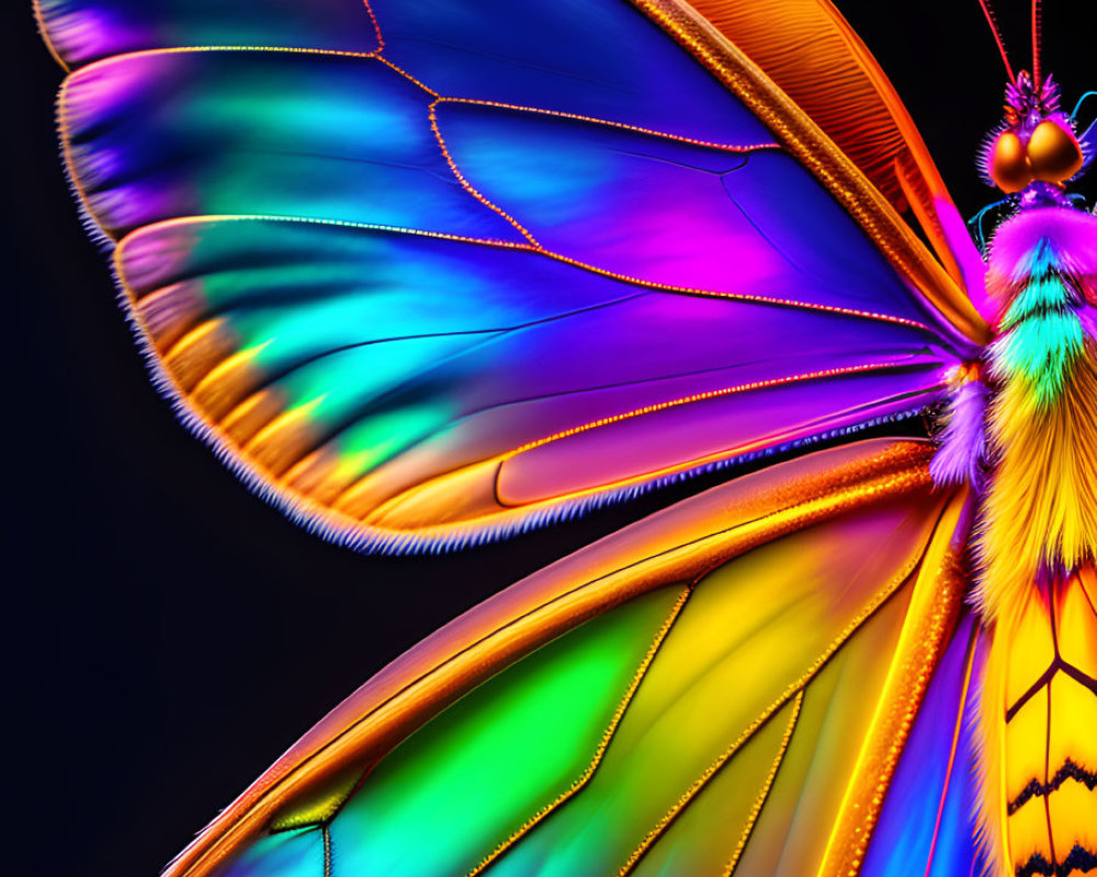 Colorful butterfly with iridescent wings on dark background