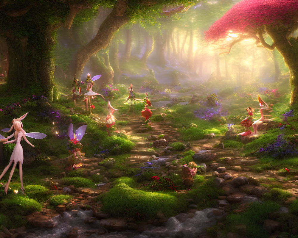 Enchanting forest glade with fairies, waterfall, glowing tree windows