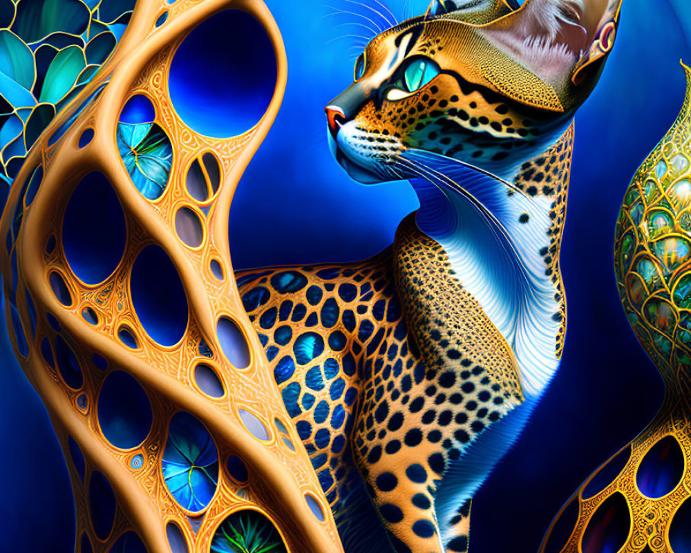 Stylized serval cat artwork with vibrant colors and ornate lattice structure