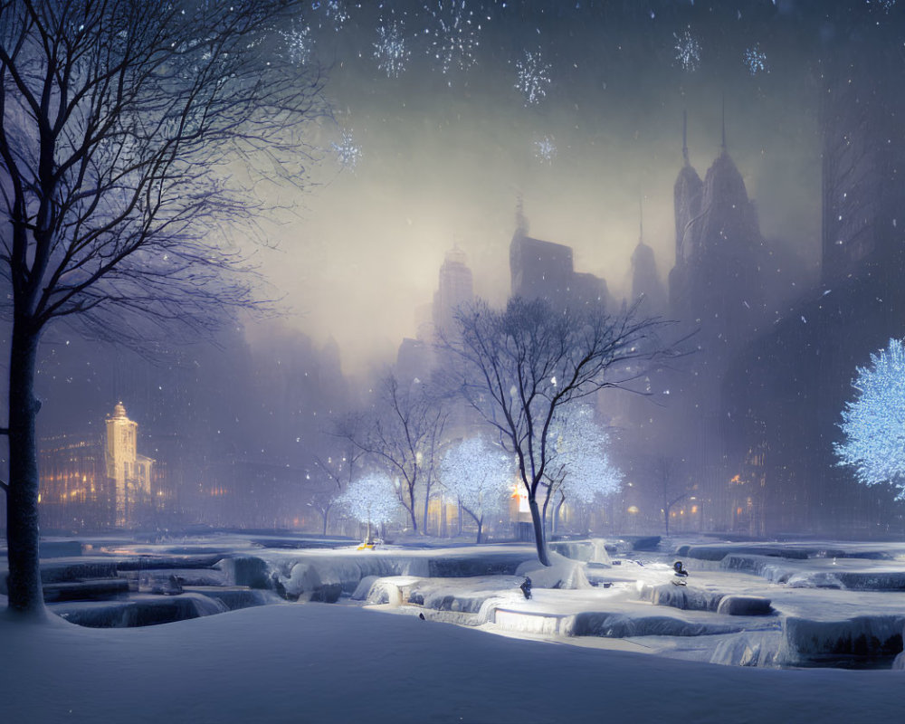 Snow-covered city park at night with illuminated trees and glowing skyscrapers