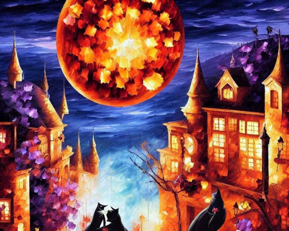 Vivid Halloween-themed painting with illuminated buildings, oversized moon, autumn trees, and black cat silhou