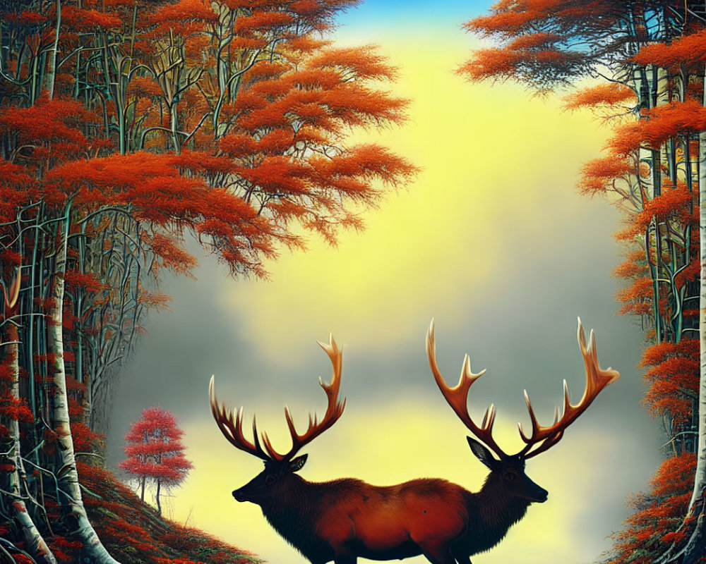 Majestic stags with large antlers in surreal forest landscape