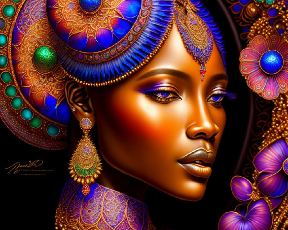 Detailed digital artwork of woman in ornate headdress and earrings against floral background