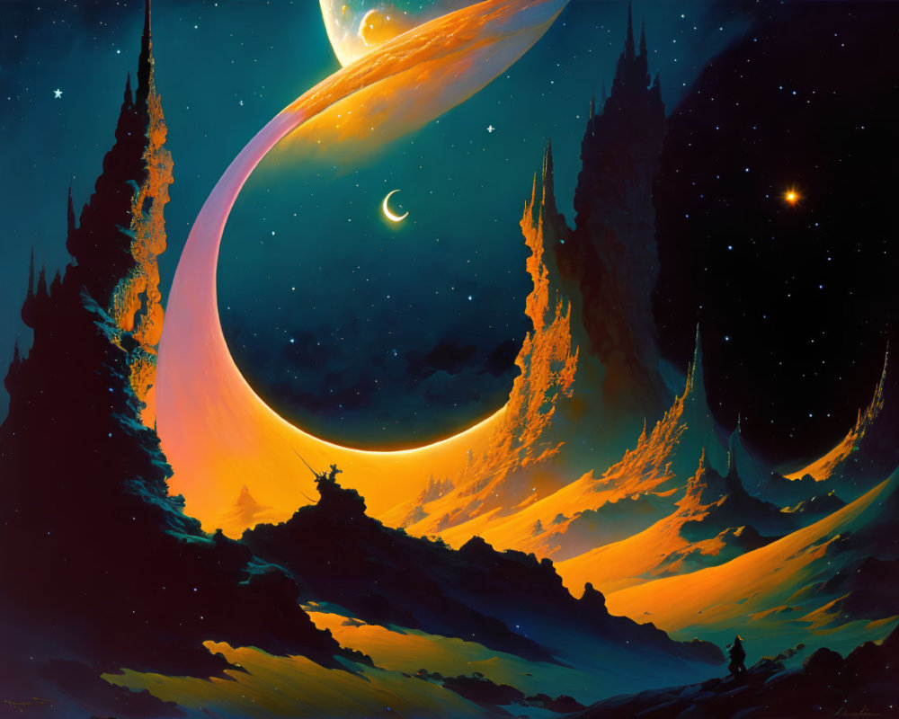 Fantasy landscape with towering trees and celestial bodies.