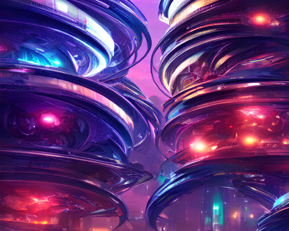 Neon-lit futuristic cityscape with spiraling skyscrapers