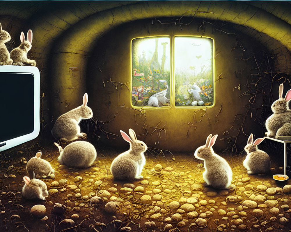 Rabbits in underground burrow with TV watching others play outside