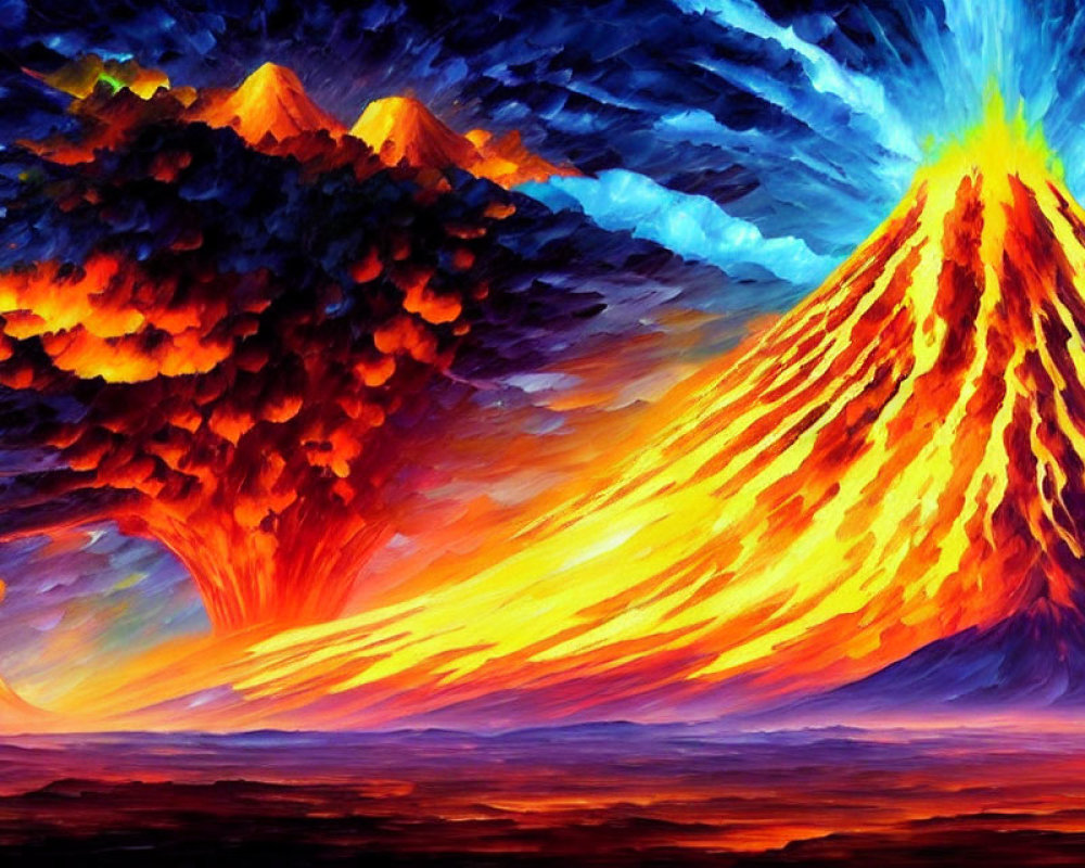 Dramatic volcanic eruption painting with fiery lava flows