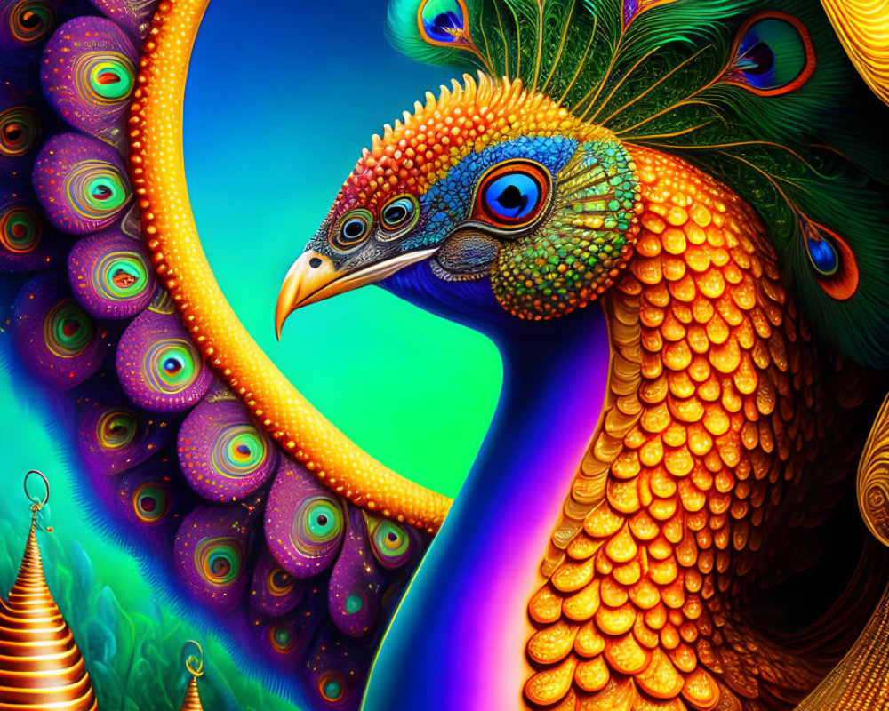 Colorful Peacock Artwork with Golden Hues on Blue Background