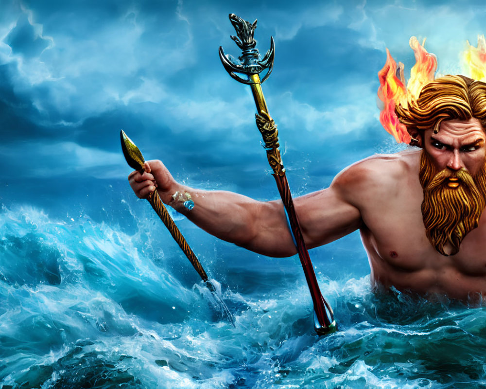 Fiery-haired man with trident in stormy ocean scene