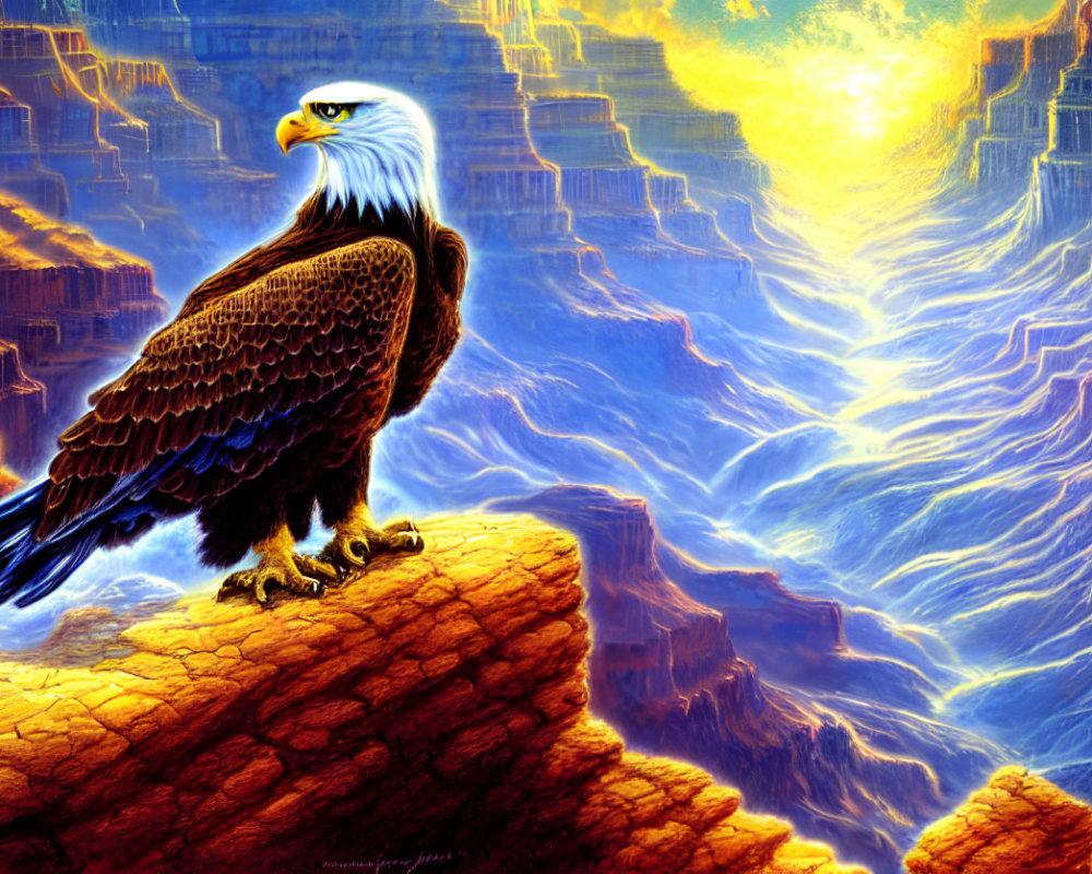 Majestic eagle on cliff with blue and orange canyon vistas