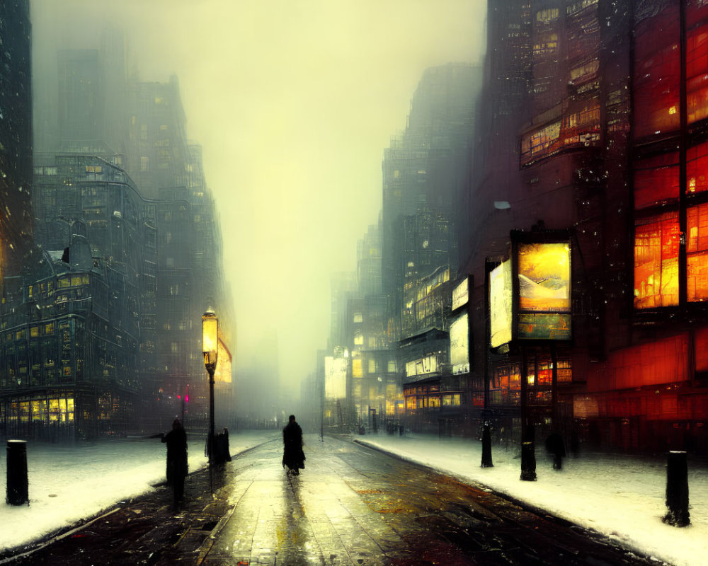 Snow-dusted street with glowing lamps and towering buildings in misty twilight