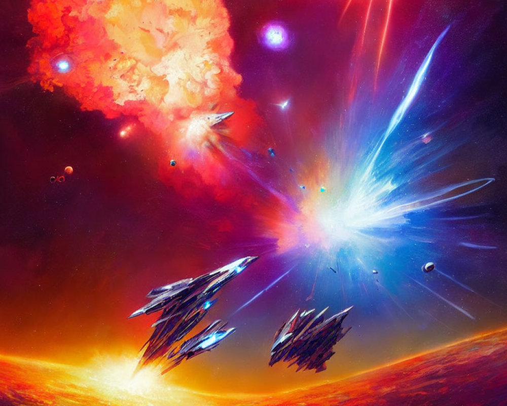 Intense cosmic battle with exploding stars and lasers.