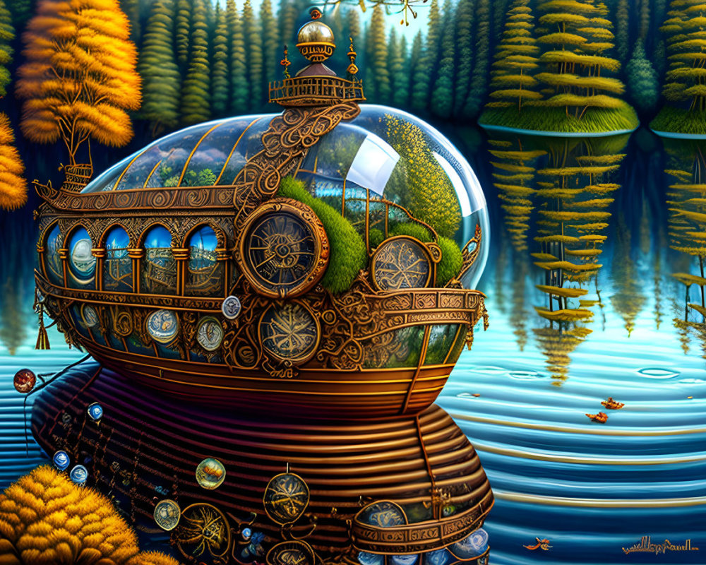 Intricate Steampunk-Style Submarine on Reflective Water Amid Golden Forests