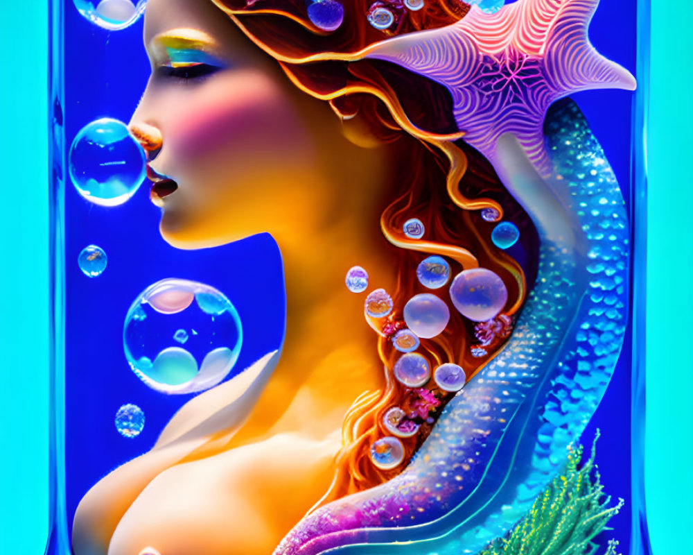 Colorful Mermaid Artwork with Starfish and Aquatic Theme in Bottle