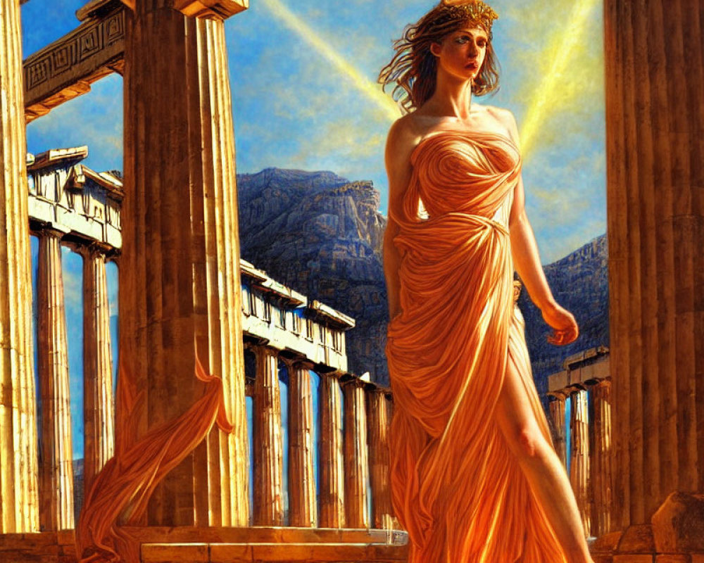 Goddess-like woman in golden gown by classical columns