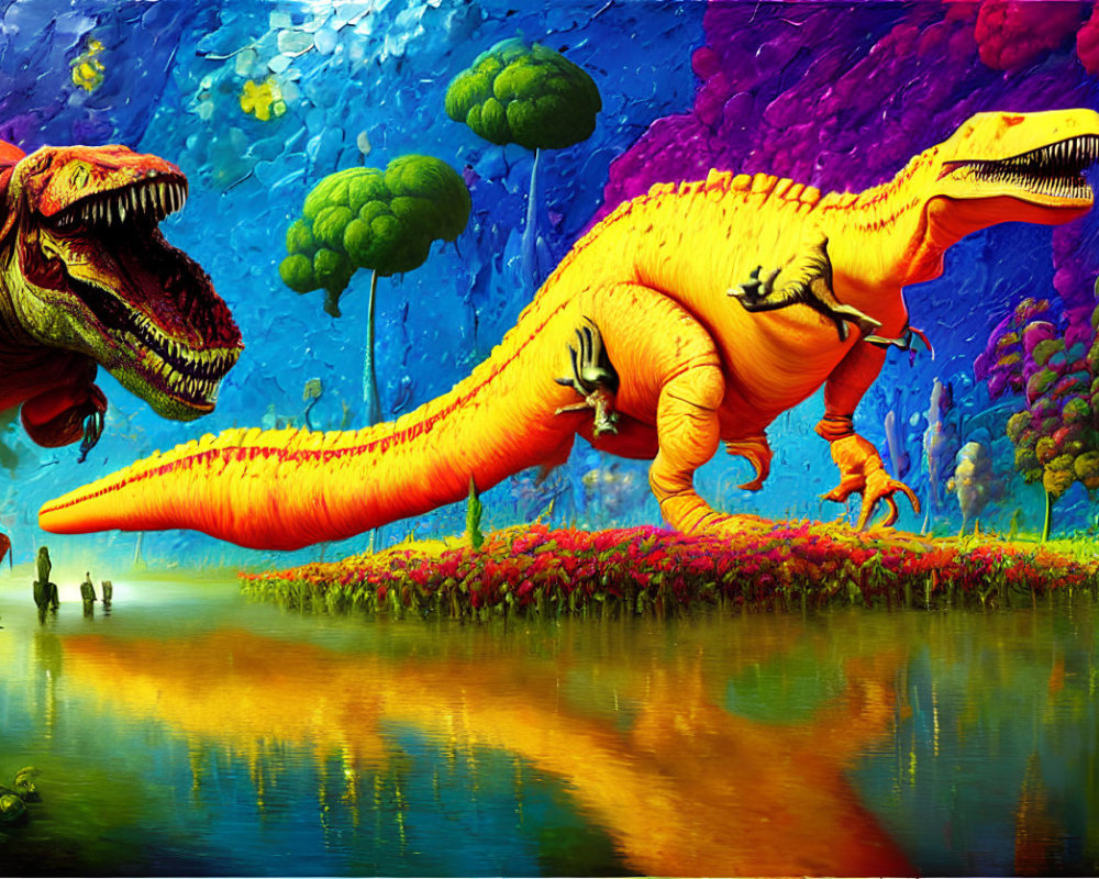 Colorful Prehistoric Scene with Dinosaurs and Humans by Reflective Lake