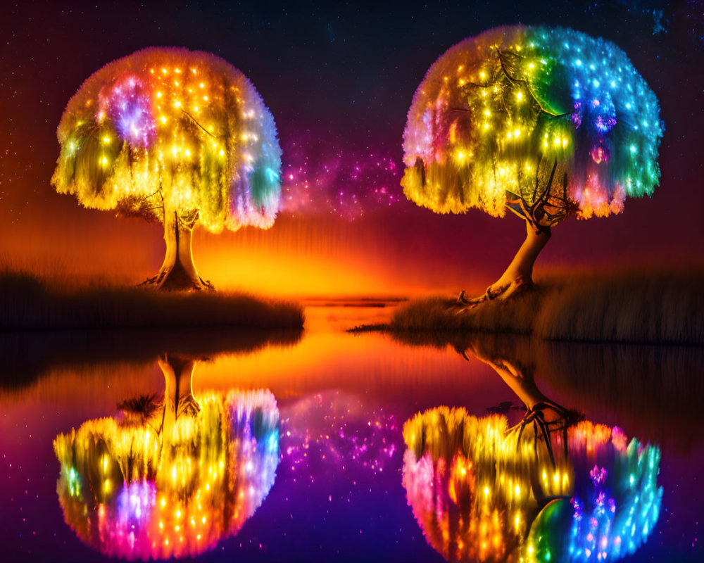 Vibrant illuminated trees with colorful lights reflecting on serene water under starry night sky