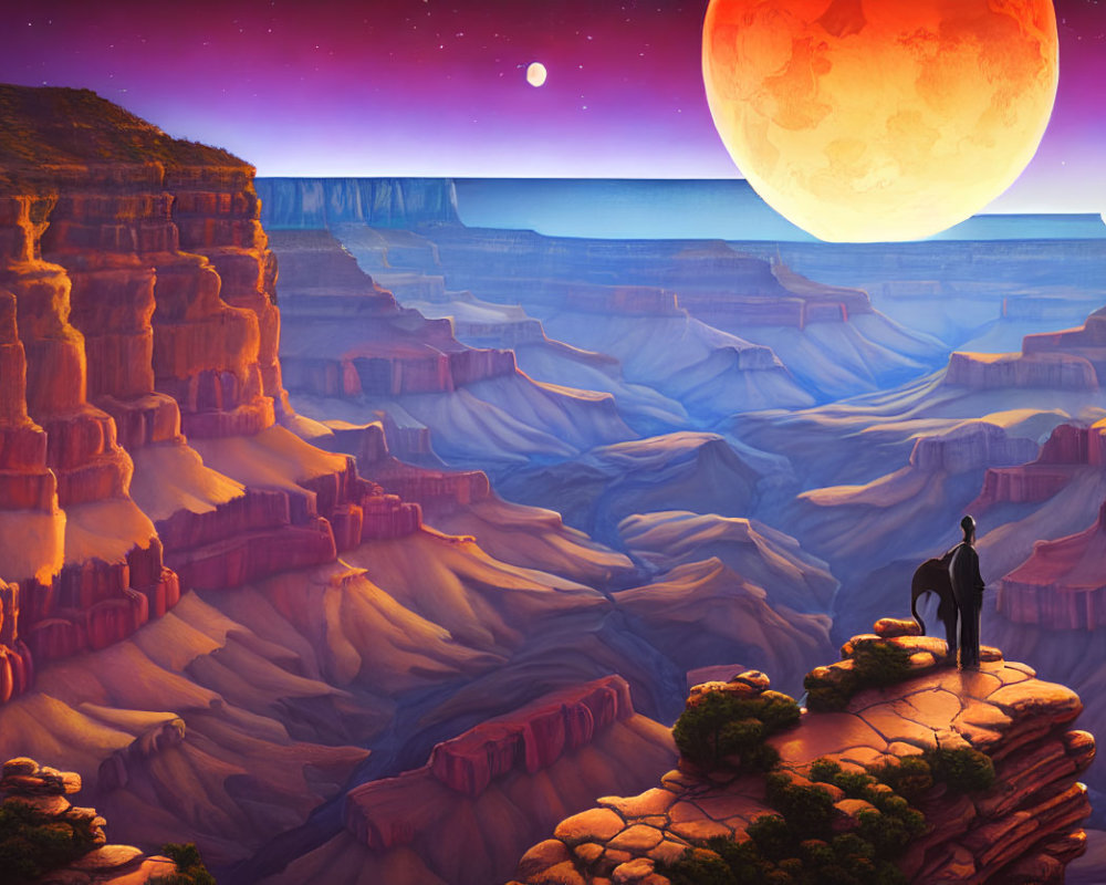 Surreal landscape with large orange moon, canyon, wolf silhouette, and twilight sky