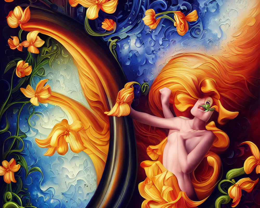 Colorful fantasy illustration of woman with orange hair in swirling gold and blue patterns