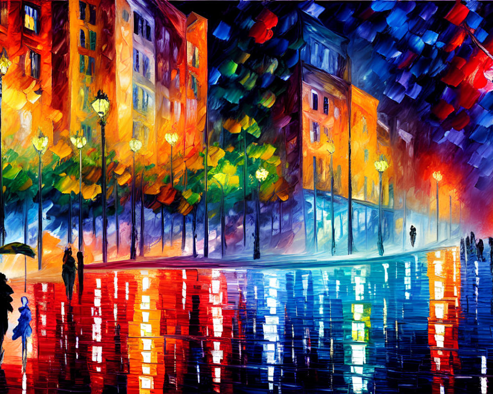 Colorful cityscape painting of rainy streets with street lamps, reflections, and silhouettes.