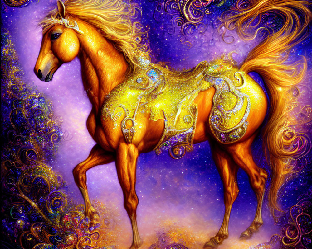 Vibrant digital art: Golden horse with jeweled harnesses on cosmic-purple backdrop