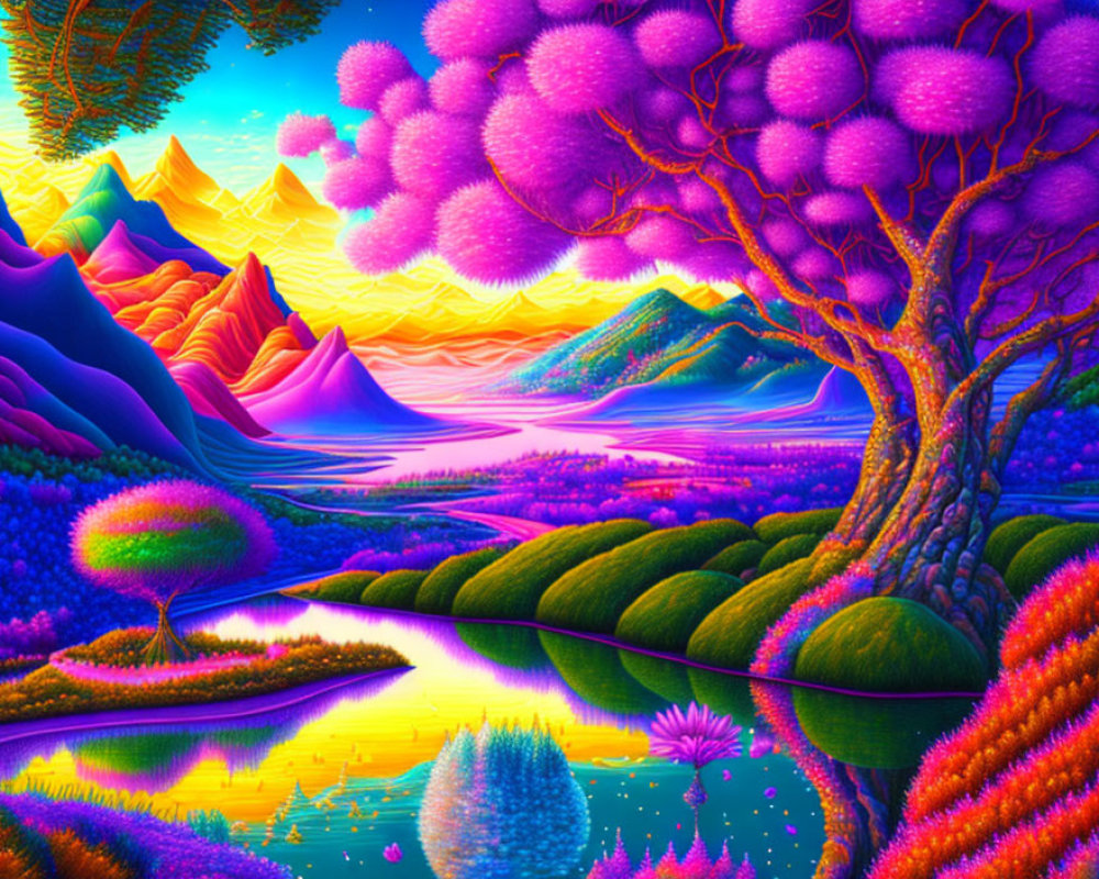 Colorful surreal landscape with purple tree, calm river, and twilight mountains