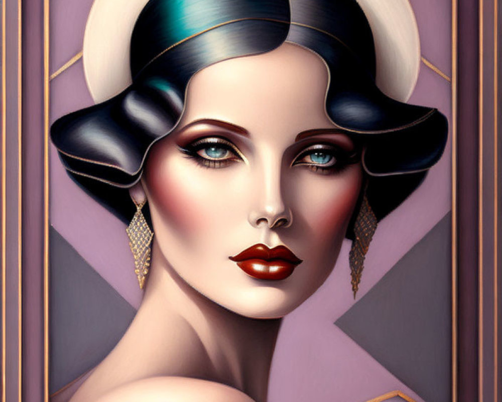 Art Deco Style Illustration of Woman with Stylized Hair and Red Lips