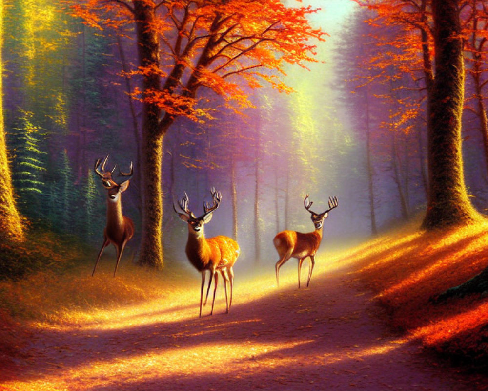 Autumn forest scene with three deer under sunlight.