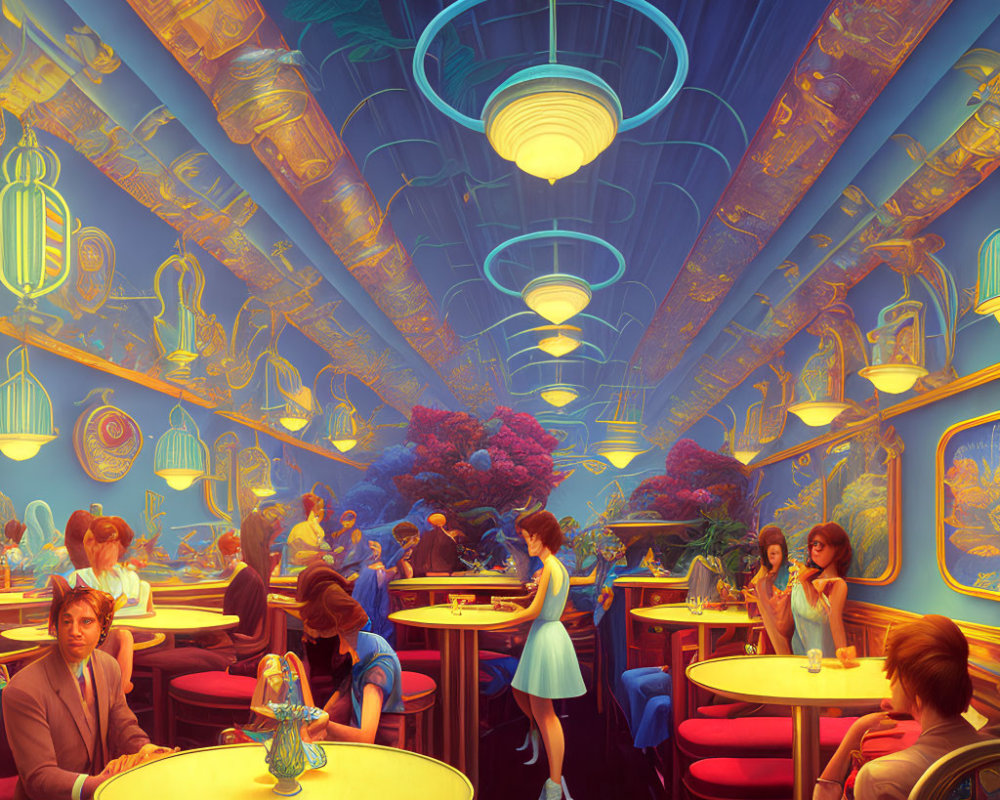 Colorful retro-futuristic diner with warm lighting and artistic decor, waitress serving patrons