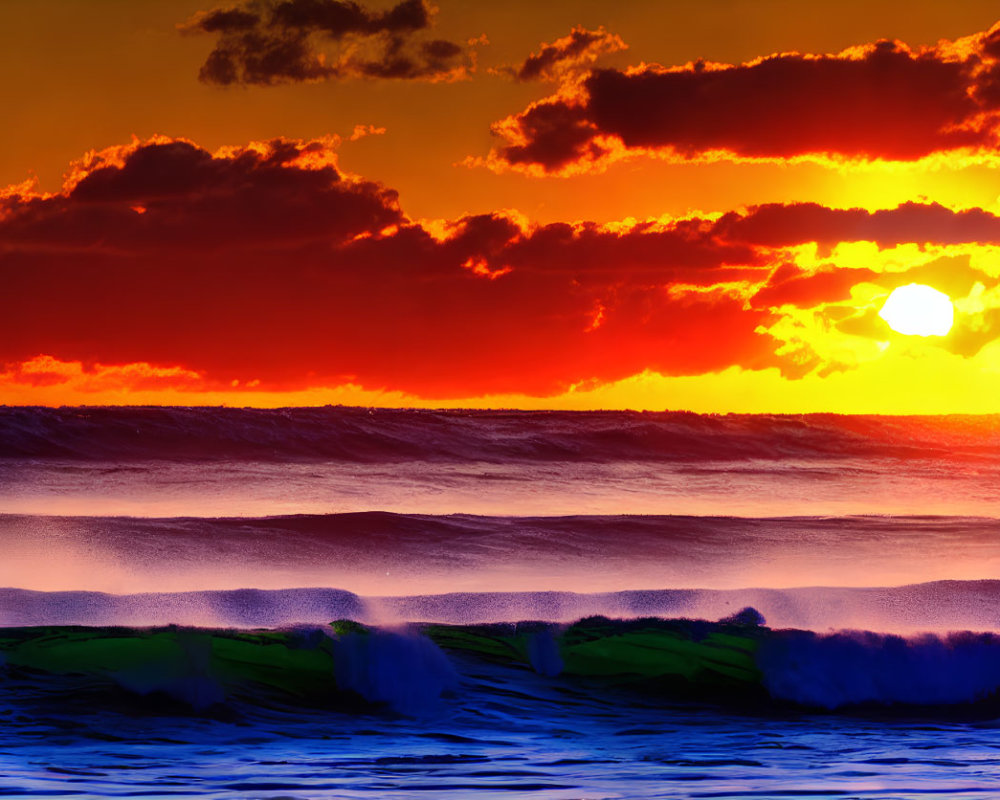 Fiery sunset over ocean horizon with vibrant sky and reflective waters.