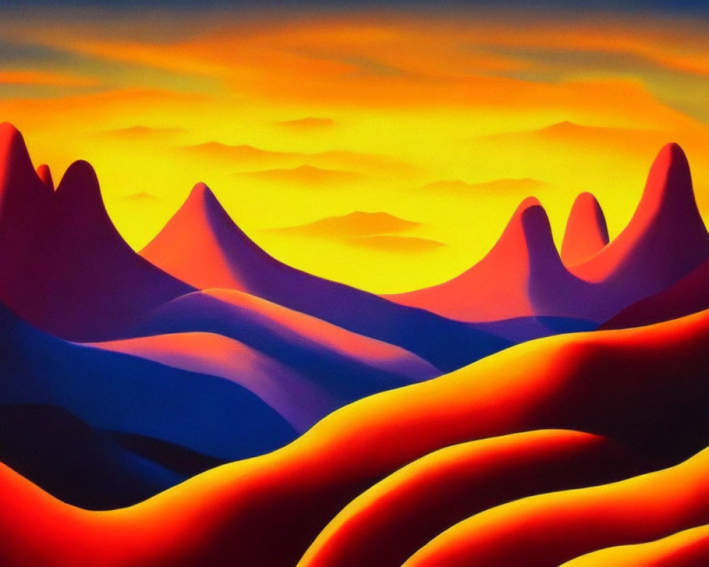 Colorful painting of stylized hills under an orange and yellow sunset