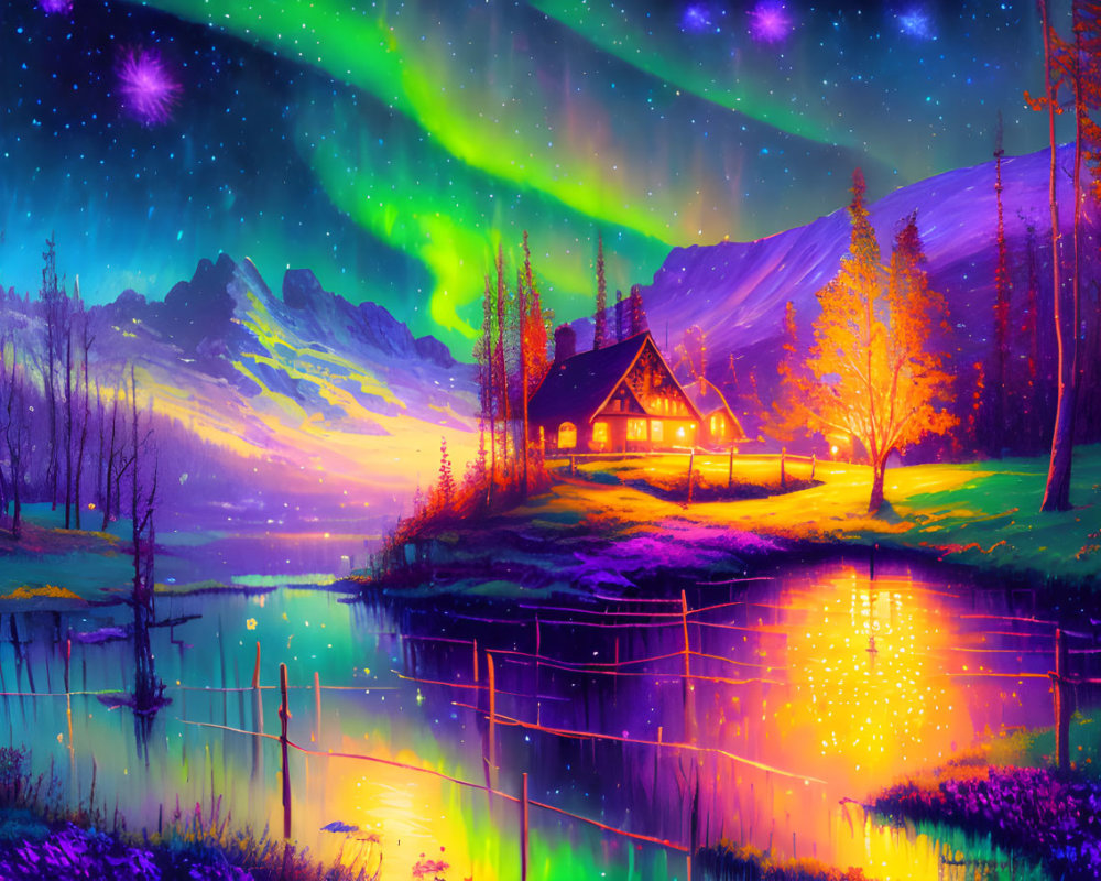 Digital art: Cozy cabin by lake with aurora borealis & lush landscape