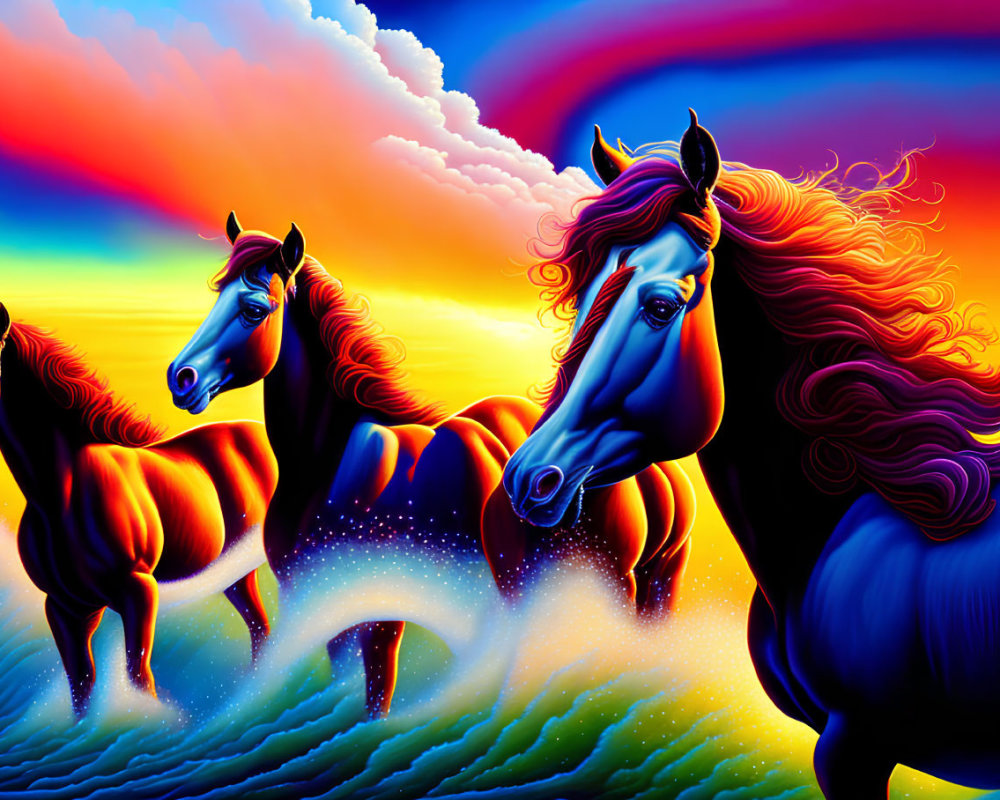 Vibrant stylized horses against colorful sunset sky