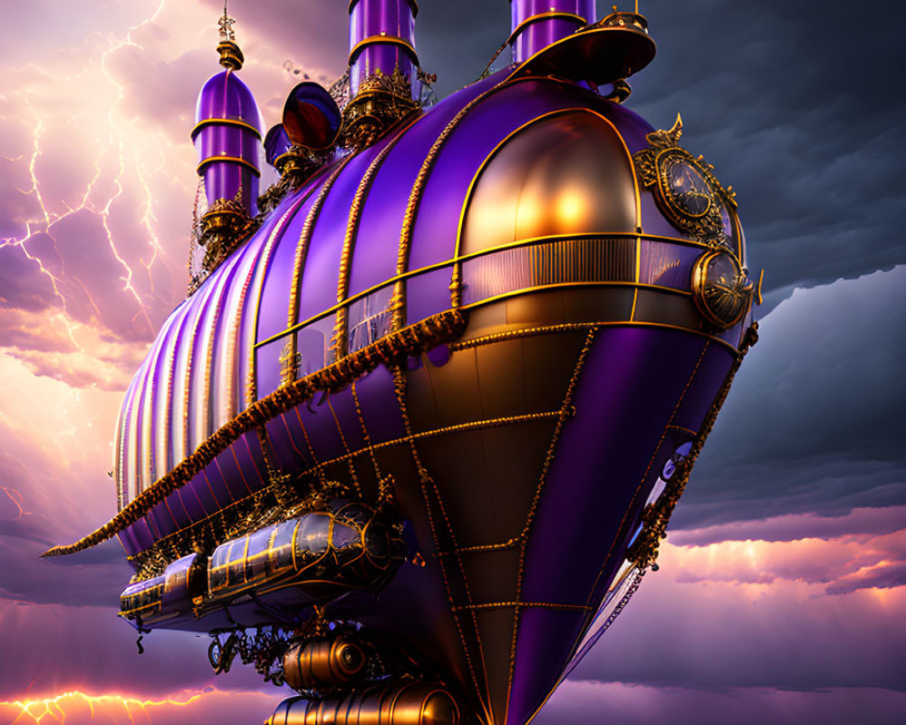 Purple Steampunk Airship in Dramatic Sky with Lightning