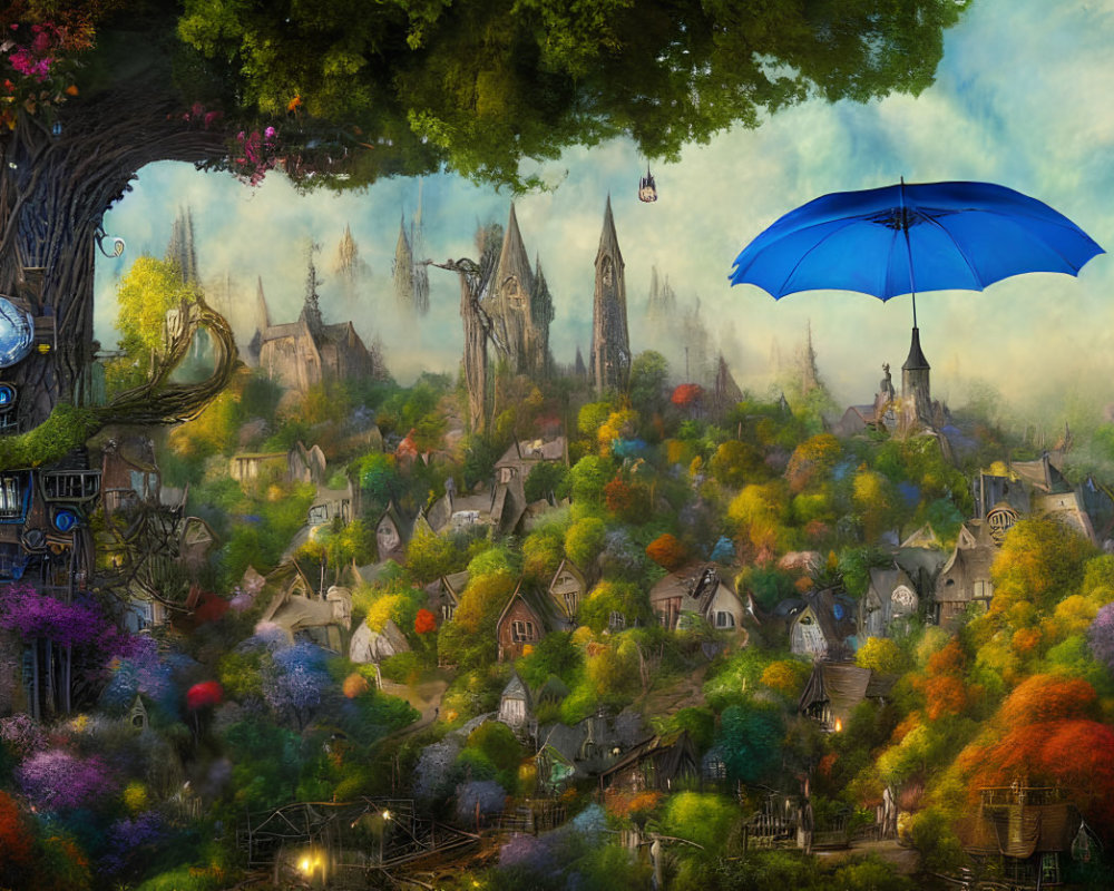 Fantasy landscape with whimsical structures, colorful foliage, floating umbrella, and person with jetpack