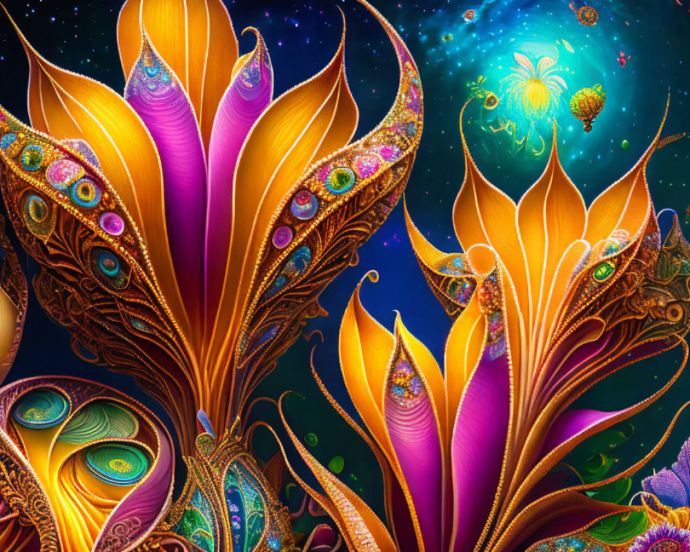 Colorful Fantasy Art: Stylized Peacock Feathers in Cosmic Setting