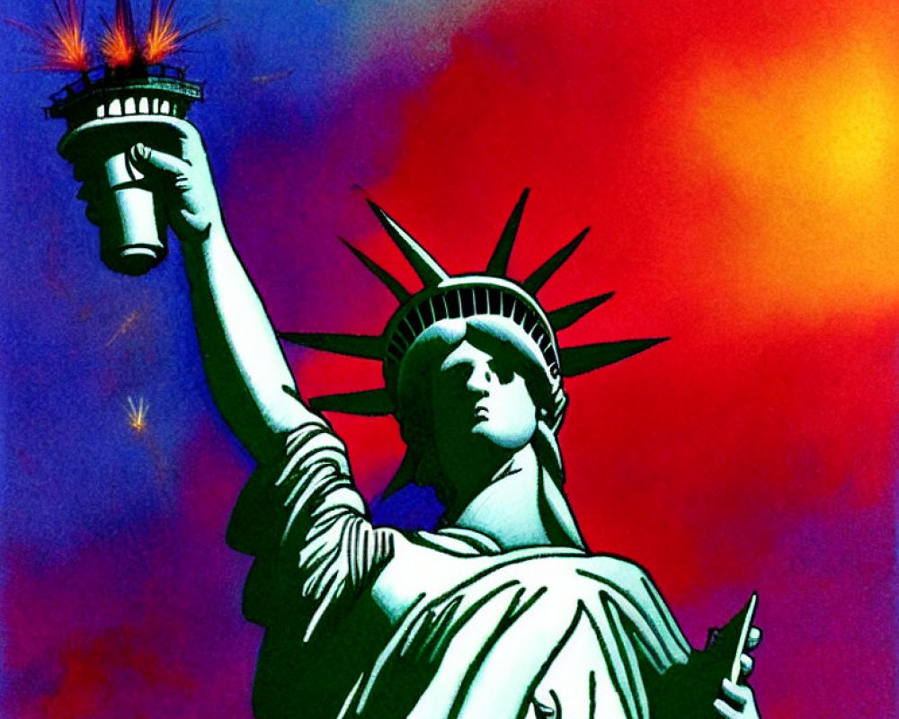 Vibrant Statue of Liberty Illustration with Red and Blue Background